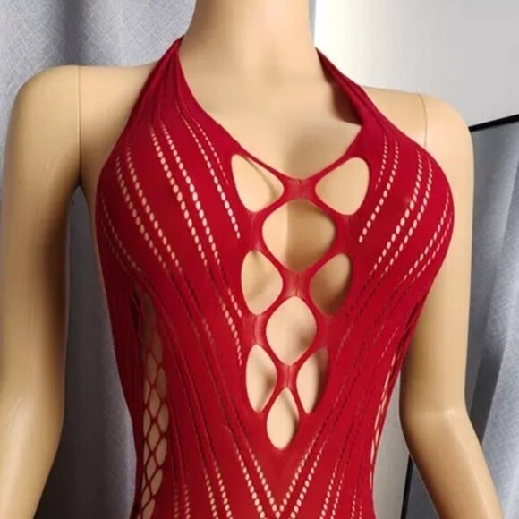 Crimson Red Fishnet Bodycon Dress - Picture 5 of 6